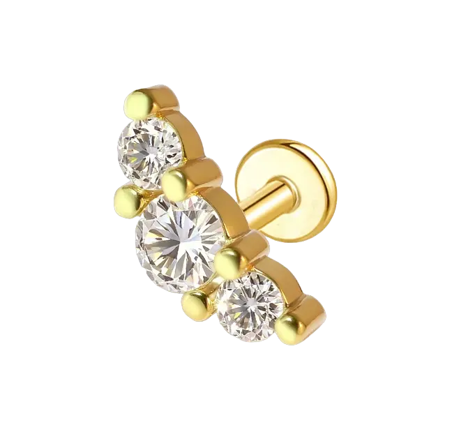 Trio CZ Flat Back Push Pin Earring Gold Piercing Stud Earring studhoop birthday gift flat back earrings flat back stud earrings gift for her push pin earrings push pin stud earrings sea sterling silver stud earring for helix stud earring for women Stud Earrings Stud Earrings for Helix Piercing stud earrings gold titanium earrings