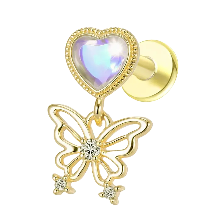 Moonstone Heart Butterfly Push Pin Earrings Gold Piercing Stud Earring studhoop birthday gift butterfly flat back earrings flat back stud earrings gift for her push pin earrings push pin stud earrings sterling silver stud earring for helix stud earring for women Stud Earrings Stud Earrings for Helix Piercing stud earrings gold titanium earrings