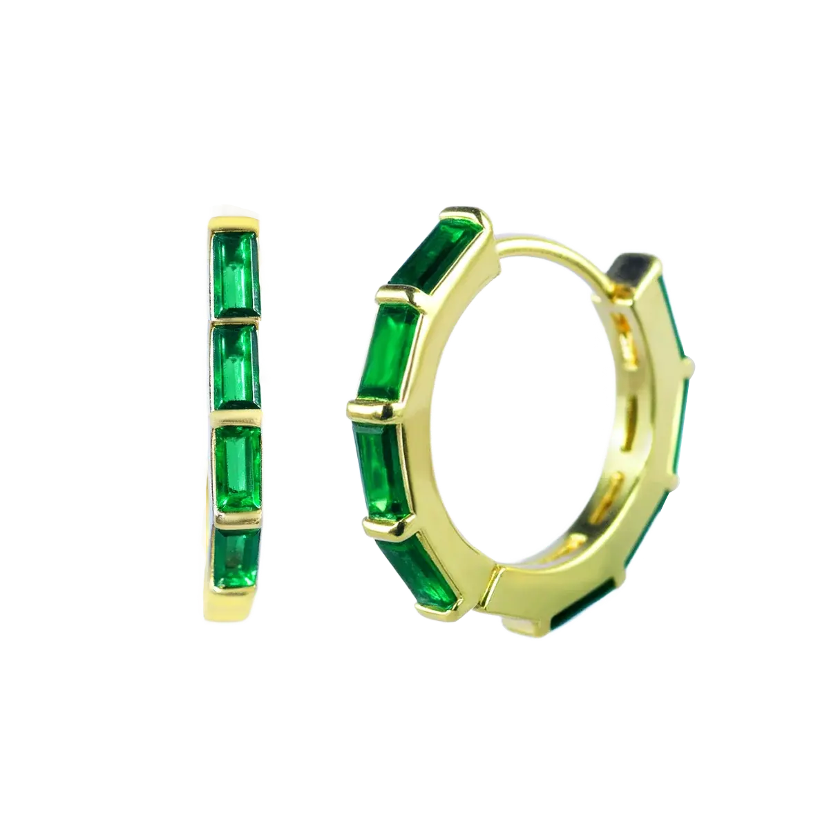 Green Baguette-Cut CZ Hoop Earrings Gold Hoop Earring studhoop birthday gift edgy earring emerald birthstone emerald earrings gift for her green emerals hoop earrings sterling silver