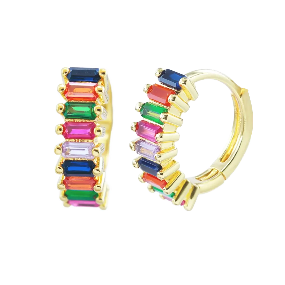 Rainbow CZ Baguette-Cut Hoop Earrings Gold Hoop Earring studhoop birthday gift colorful hoop earrings edgy earring gift for her hoop earrings rainbow hoop earrings sterling silver
