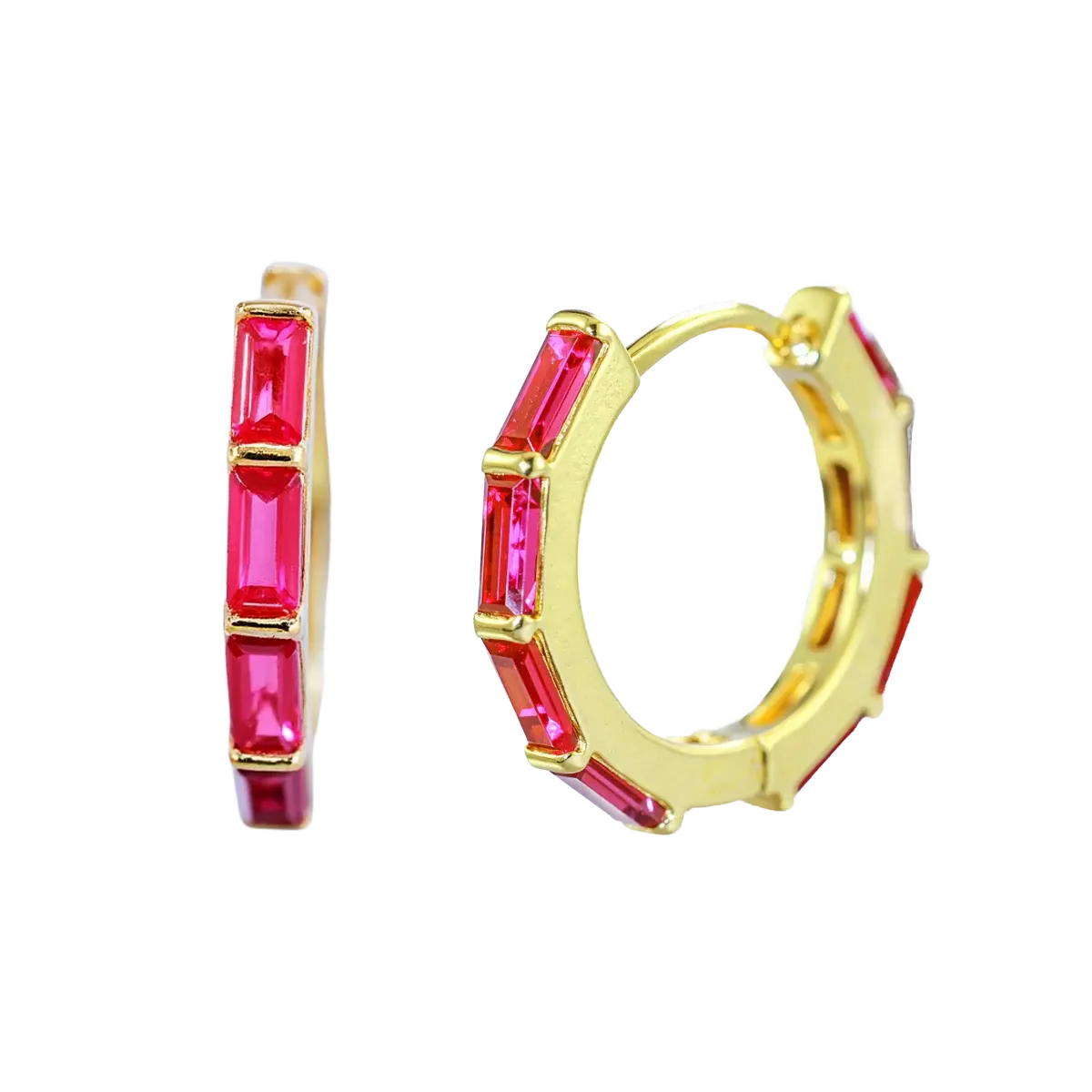 Ruby Red Baguette-Cut CZ Hoop Earrings Gold Hoop Earring studhoop birthday gift edgy earring gift for her hoop earrings red CZ earrings ruby birthstone ruby earrings sterling silver