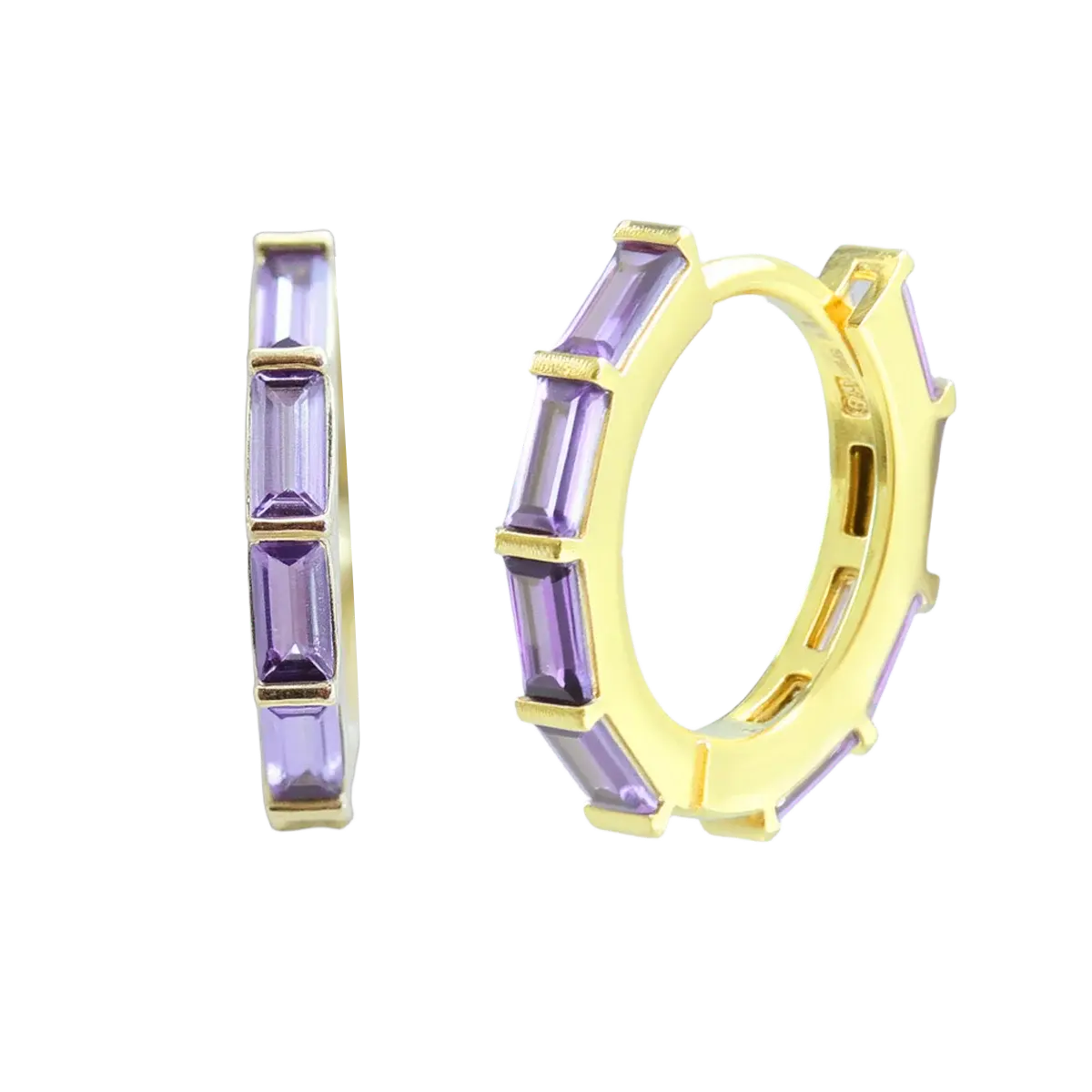 Amethyst Purple Baguette-Cut CZ Hoop Earrings Gold Hoop Earring studhoop amethyst birthstone amethyst earrings birthday gift edgy earring gift for her hoop earrings sterling silver
