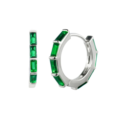 Green Baguette-Cut CZ Hoop Earrings Silver Hoop Earring studhoop birthday gift edgy earring emerald birthstone emerald earrings gift for her green emerals hoop earrings sterling silver