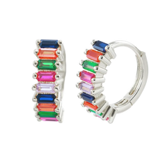 Rainbow CZ Baguette-Cut Hoop Earrings Silver Hoop Earring studhoop birthday gift colorful hoop earrings edgy earring gift for her hoop earrings rainbow hoop earrings sterling silver
