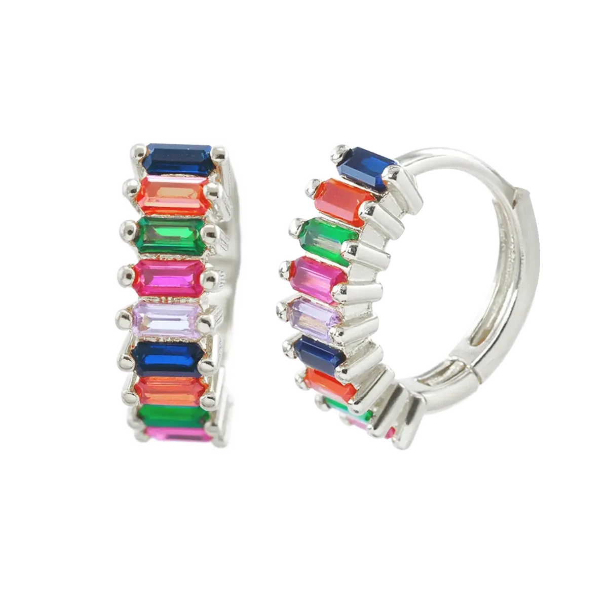 Rainbow CZ Baguette-Cut Hoop Earrings Silver Hoop Earring studhoop birthday gift colorful hoop earrings edgy earring gift for her hoop earrings rainbow hoop earrings sterling silver