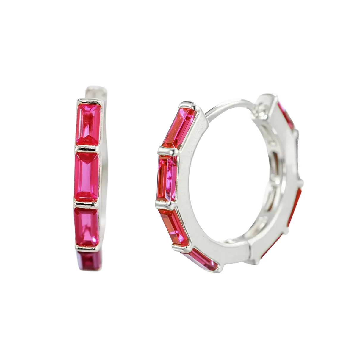 Ruby Red Baguette-Cut CZ Hoop Earrings Silver Hoop Earring studhoop birthday gift edgy earring gift for her hoop earrings red CZ earrings ruby birthstone ruby earrings sterling silver